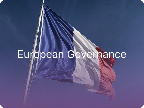 French flag waving on a pole against a dark blue sky — European governance